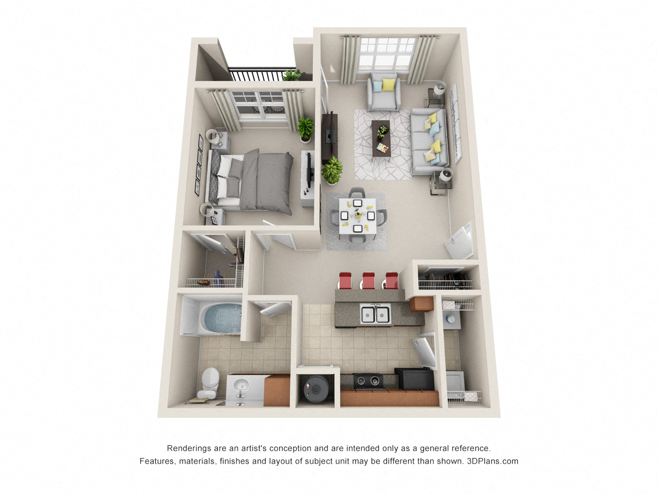 Floor plan for 1 bed, 1 bath, 716 sqft